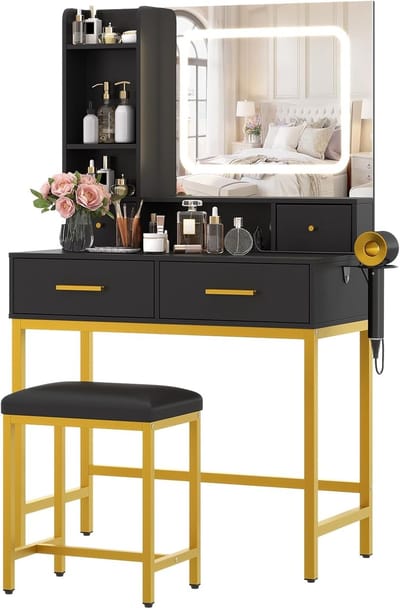Kaptafel - Kaptafel met stoel - Make-uptafelset met 4 lades - Make-upkaptafel met spiegel en verlichting, verkrijgbaar in 3 kleuren - 135 × 80 × 40 cm - Zwart