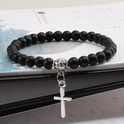 Kralen Armband met Kruisje - Bijoux - Mat Zwart - Armbanden Heren Dames Kruis - Papa Cadeau Voor Mannen - Vaderdag
