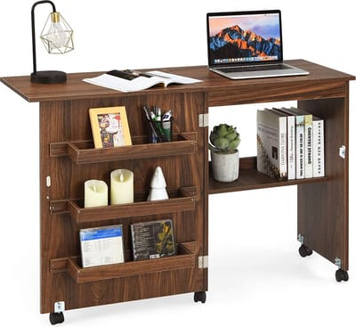 Vouwbare naaitafel, Bureau- naaikarretje met vergrendelbare wielen en opbergrekken, vouwbare naaitafel voor appartement, kleine ruimtes, 117 x 78 x 40 cm (Bruin)