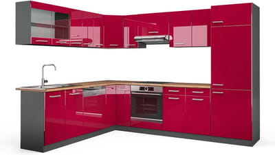 Vicco Hoekkeuken R-Line, Rode hoogglans/Antraciet, 287 x 227 cm, WB Eik