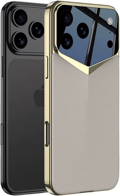 Luxe ultra dunne leren telefoonhoes geschikt voor iPhone 17 Pro – Verhoogde camera bescherming, kras- en stootbestendige backcover, slank design smartphone hoesje - Goud