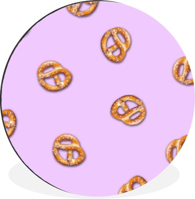 WallCircle - Wandcirkel - Muurcirkel - Pretzels - Eten - Paars - Aluminium - Dibond - 90x90 cm - Binnen en Buiten