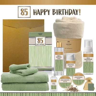 Geschenkset “85 Happy Birthday!” - 12 producten - 1910 gram | Giftset voor haar hem Vijfentachtig jaar Cadeau Luxe Wellness Pakket Vrouw Man Speciaal Cadeaupakket Geschenk Douche Verjaardag Feestje Gift Set Handdoeken Fleecedeken Beige Groen Goud