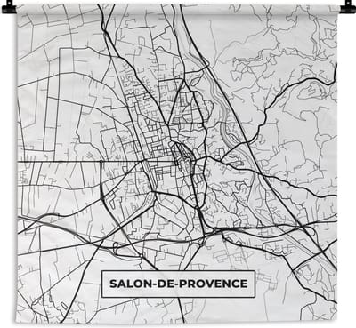 Wandkleed - Wanddoek - Frankrijk - Plattegrond - Stadskaart - Kaart - Salon-de-Provence - Zwart wit - 180x180 cm - Wandtapijt