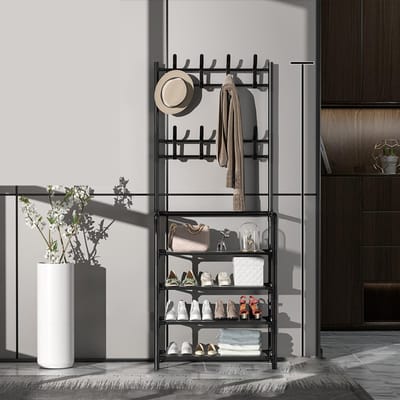 Staande kapstok, moderne metalen kledinghanger, opbergplank voor de hal 60cm 4 Layer zwart