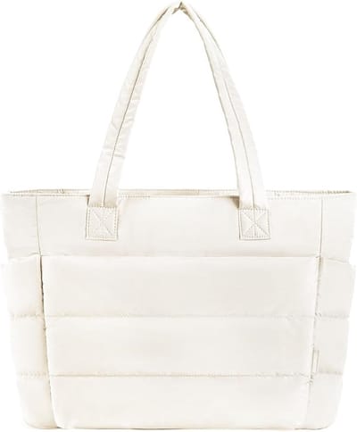 Famanu - Handtas voor dames, grote tote bag, puffertas, shopper, licht, gewatteerde schoudertas, grote draagtas, werktas, 15,6 inch laptoptas voor werk, kliniek, universiteit, reizen, Beige