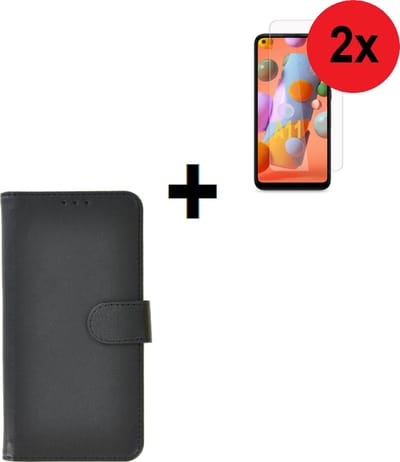 Geschikt voor Samsung Galaxy A11 hoes Effen Wallet Bookcase Hoesje Cover Zwart + 2x Tempered Gehard Glas / Glazen screenprotector (2 stuks) Pearlycase