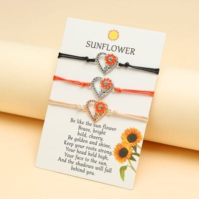 Vriendschapsarmbandjes voor 3 met Zonnebloem Hartje - Rode, Zwarte & Beige Bandjes - BFF Armband op Cadeau kaartje - Pax Amare