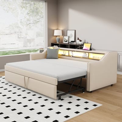 DESMIU Slaapbank 90x190 cm – Uitschuifbaar Bed Met LED En USB – Met 3 Opbergvakken Voor Extra Ruimte – Voor Logeerkamer Of Woonkamer – Linnen – Beige – Zonder Matras