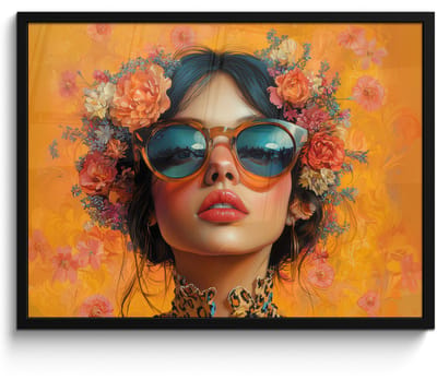 Poster in lijst - Fotolijst 70x50 cm - Posters - Vrouw - Bloemen - Aesthetic - Oranje - Posterlijst zwart - Decoratie - Wanddecoratie woonkamer - Muurdecoratie slaapkamer
