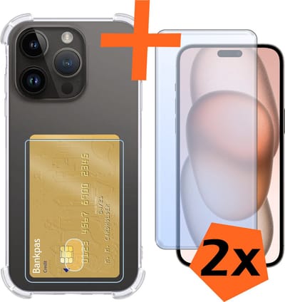 Hoes - Geschikt voor Apple iPhone 15 Pro - Met 2x Screenprotector - Pashouder - Kaarthouder - Telefoon Hoesje Shockproof - Siliconen Case - Back Cover - Shock Proof - Pasjes Houder - Transparant