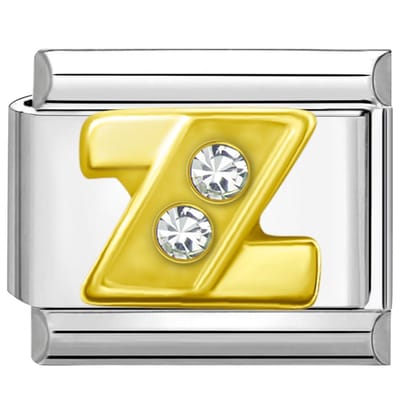 Quiges - Schakel - Bedel - 9mm - charms - Goud - Zirkonia - alfabet - letter Z - Geschikt voor - armband - Schakelarmband - italy bedels armband