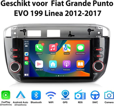 JUNSUN Android 15 Autoradio Geschikt voor Fiat Grande Punto EVO 199 Linea 2012-2017 - 7 inch IPS Scherm, Draadloos CarPlay & Android Auto, Bluetooth, GPS-navigatiesysteem, USB, 2 GB+64 GB, Stuurwielbediening, WiFi & FM, RDS, DSP, Octa-core processor