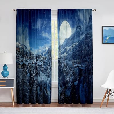 Winter Boerderij In Sneeuwbergen en Sneeuwbos Transparant Gordijn voor Woonkamer Slaapkamer Voile Keukenraam Tule Gordijnen 1 PCS W100XH250cm&Grommet Top