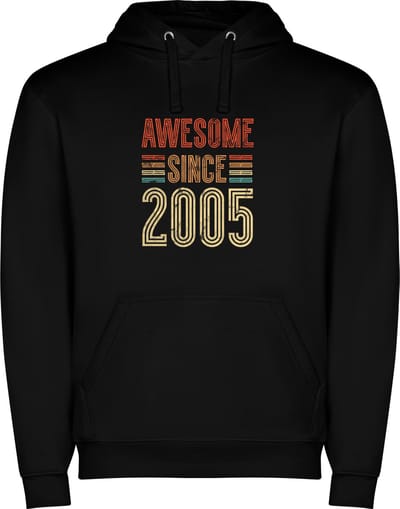 Zwarte unisex hoodie met “ Kleurrijke Awesome Since 2005 – Feest – Verjaardag “ Print Full Color Color merk Roly maat S