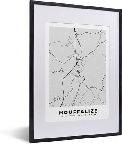 Fotolijst incl. Poster Zwart Wit- Zwart Wit – België – Plattegrond – Stadskaart – Kaart – Houffalize - 30x40 cm - Posterlijst