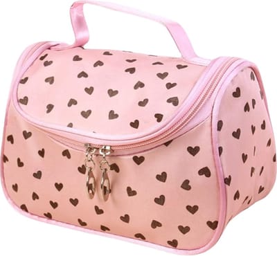 Fako Fashion - Make Up Tasje Met Spiegel - Cosmetica Organizer - Toilettas - Roze Met Bruine Hartjes