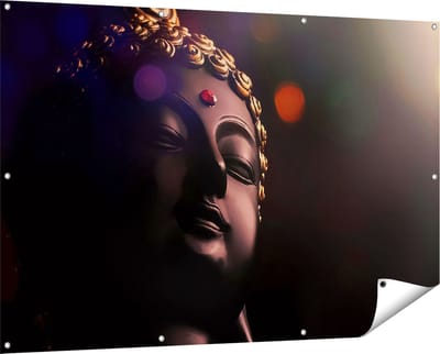 Gards Tuinposter Boeddha Beeld met Gouden Sierraden - 150x100 cm - Tuindoek - Tuindecoratie - Wanddecoratie buiten - Tuinschilderij