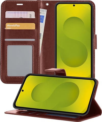 Hoesje - Met Pasjeshouder - Geschikt voor Samsung Galaxy S25 - Luxe Bookcase Portemonee - Flip Case - Kunstleer Book Case - Flipcase - Book Cover - Walletcase - Portemonneehoes - Telefoonhoesjes - Bruin
