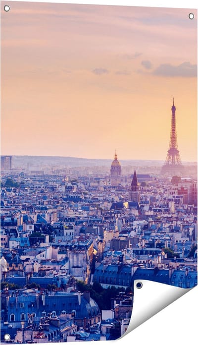 Gards Tuinposter Skyline van Parijs tijdens Zonsondergang - 60x90 cm - Tuindoek - Tuindecoratie - Wanddecoratie buiten - Tuinschilderij