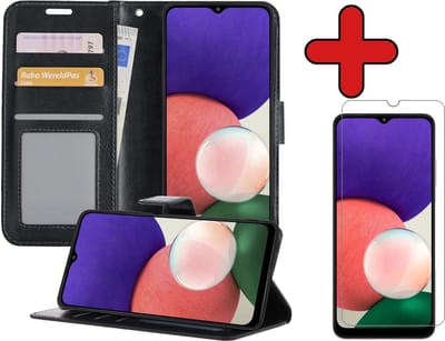 Hoesje - Met Screenprotector - Geschikt voor Samsung Galaxy A22 4G - Luxe Pasjeshouder - Flipcase - Bookcase Portemonee - Flip Case - Kunstleer Book Case - Book Cover - Walletcase - Portemonneehoes - Telefoonhoes - Zwart