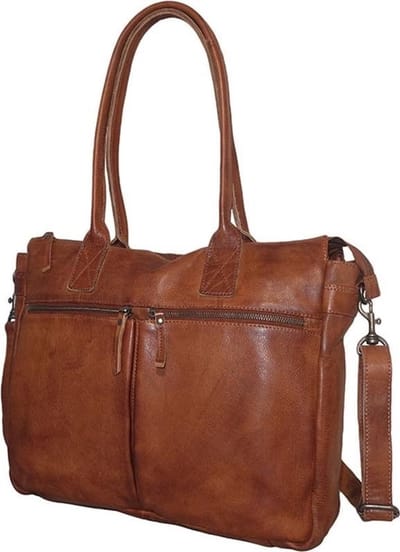 Bear Design Binni Leren Laptoptas 15,6" - Dames Handtas met Laptopvak - Werktas Schoudertas Shopper model (40x32x11 cm) - Cognac