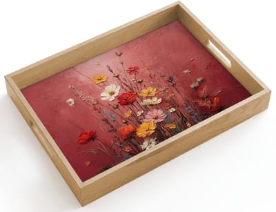 Dienblad hout 40x30 cm - Schootdienblad - Bloemenboeket - Diepte - Tastbare textuur - Borrelplank rechthoek - Plateau dienbladen