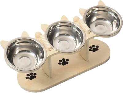 VHV Verhoogde Houten Voerbak voor Katten en Kleine Honden - 3 RVS kommen - Natuurlijke houtkleur