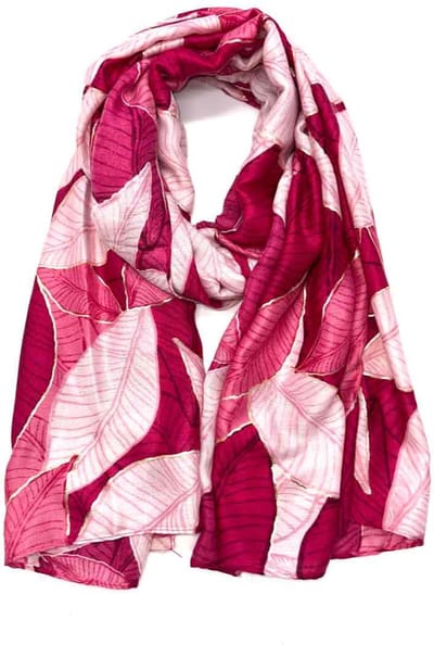 Lange dames sjaal Jannet bladmotief roze zwart goud lichtroze parel fuchsia donker candy roze