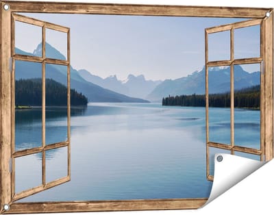 Gards Tuinposter Doorkijk Meer bij de Bergen in Alberta, Canada - 90x60 cm - Tuindoek - Tuindecoratie - Wanddecoratie buiten - Tuinschilderij