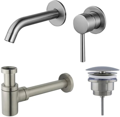 FugaFlow Eccelente Sobrado Badkamer Slim Wastafelkraanset - inbouw wastafelkraan - always open plug - verlaagde design sifon - PVD Geborsteld RVS -