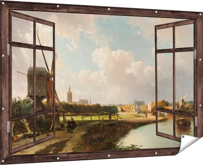 Gards Tuinposter Doorkijk Gezicht op Den Haag vanaf de Delftse Vaart in de Zeventiende Eeuw - Cornelis Springer - 180x120 cm - Tuindoek - Tuindecoratie - Wanddecoratie buiten - Tuinschilderij