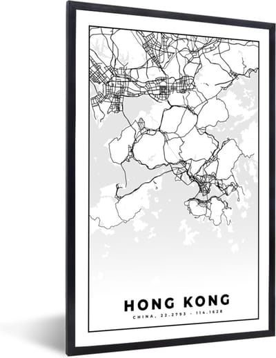 Fotolijst incl. Poster Zwart Wit- Kaart - Hong Kong - Zwart Wit - Stadskaart - Plattegrond - 40x60 cm - Posterlijst