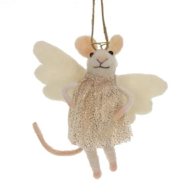 Muis met goud/witte jurk en vleugels vilt 12x8x14cm