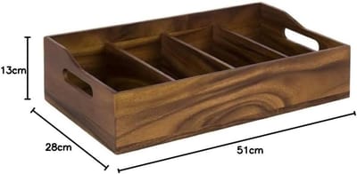 11952 Bestekbak, 51 x 28 cm, hoogte 13 cm, acaciahout, 4 vakken elk 26 x 11,5 cm