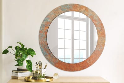 Wallfluent Bedrukte Ronde Spiegel - Ronde Wandspiegel Met Print Roestig Metaal - 60 cm / 46 cm - Oranje - Oranje Ronde Wandspiegel Decoratieve Print - Woonkamerspiegel - Inloopkastspiegel - Hal - Ronde vorm