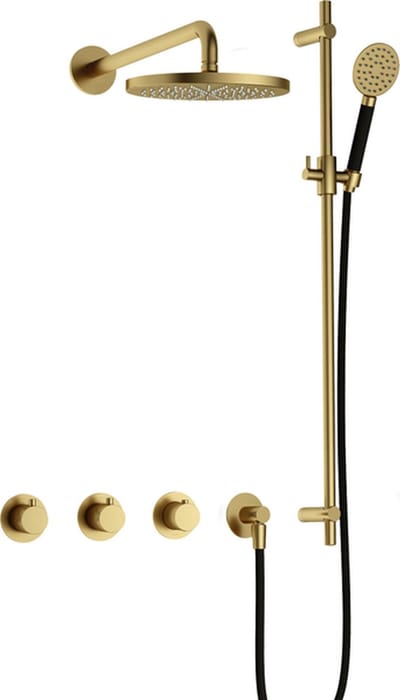 Hotbath Cobber IBS70 inbouw regendoucheset met ronde handdouche aan glijstang en 20cm ronde hoofddouche aan 40cm wandarm geborsteld messing PVD