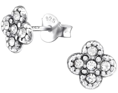Joy|S - Zilveren Bali bloem oorbellen - 7 mm - geoxideerd - met kristal - oorknoppen