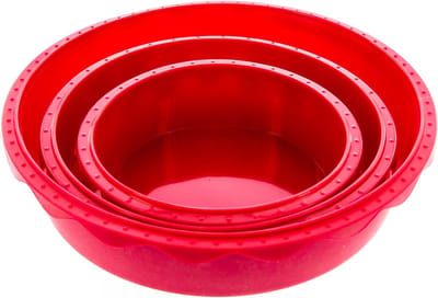 Set van 3 siliconen bakvormen rond 16 cm 20 cm en 26 cm, rood, siliconen vormen voor het bakken van taarten en desserts, incl. 4 recepten