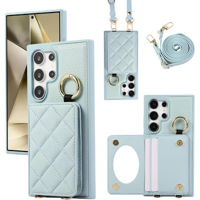 Crossbody Leren Ring Telefoonhoesje voor Samsung Galaxy S25 S24 Ultra S23 S22 Plus Spiegel Portemonnee met Kaarthouder Beschermhoes Galaxy S25 Plus