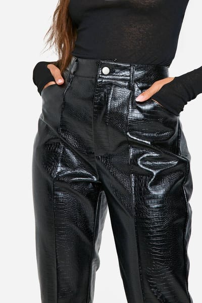 boohoo Dames Slim Fit Croc PU Broek | Black | Maat: 8