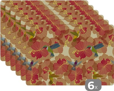 Placemat - Placemats kunststof - Vogel - Bloemen - Patronen - Kolibrie - 45x30 cm - 6 stuks - Hittebestendig - Anti-Slip - Onderlegger - Afneembaar