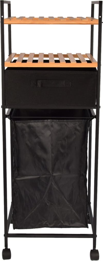 Staand Badkamerrek met Wasmand -Zwart Bamboe - Handdoekrekken - Planken 38 x 33 x 105.5 cm