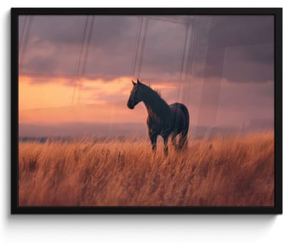 Poster in lijst - Fotolijst 80x60 cm - Posters - Paard - Wolken - Open veld - Posterlijst zwart - Decoratie - Wanddecoratie woonkamer - Muurdecoratie slaapkamer