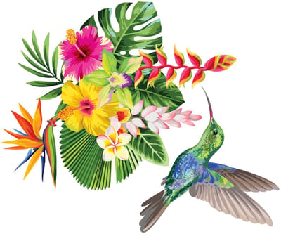 Muurstickers - Tropische bloemen en kolibrie - Transparante achtergrond - 120x145cm