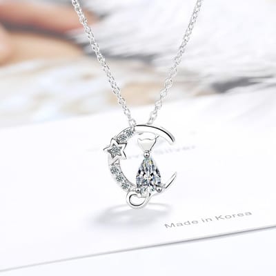 925 Sterling Zilver Schattige Maan Ster Kat Bedel Hanger Ketting Sprankelende Zirkonia Sleutelbeenketting Sieraden Voor Vrouwen S -N521 40cm plus 3.5cm white