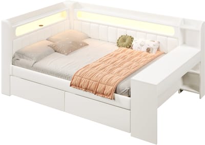 Gestoffeerd bed 140x200 cm - Wit bed met bureau - LED-verlichting en USB-aansluiting - 2 opberglades - voor de slaapkamer