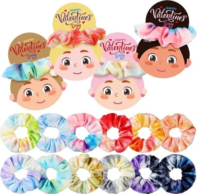 24-Delige Set: Valentijnsdag Haarscrunchies in Tie-Dye Fluwelen en Cadeaukaarten voor Feestjes en Giveaways