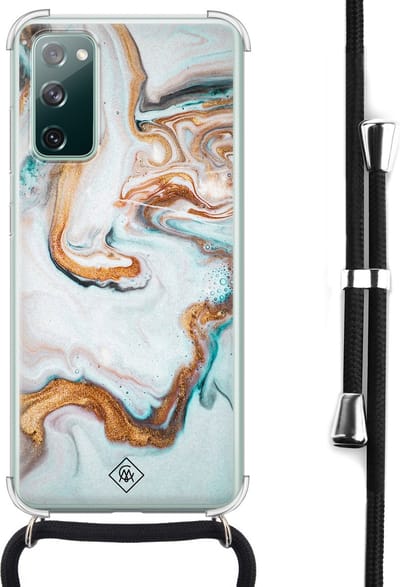 Casimoda® hoesje met koord - Geschikt voor Samsung S20 FE - Marmer Blauw Goud - Afneembaar koord - Siliconen/TPU - Blauw