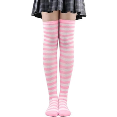 Dijhoge Sokken Dames Gestreept Dames Meisjes Zwart Wit Roze Lang Boven de Knie Sokken Femboy Cosplay Lolita Harajuku Y2K One Size pink